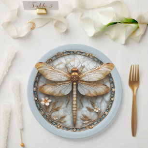 Beautiful Art Deco Enamel Dragonfly Gold Pearls Pappteller