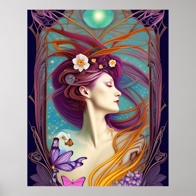 Beautiful Art Nouveau Blue aquamarine Schmetterlin Poster (Vorne)