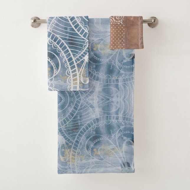 Beautiful artsy industrial blue brown faux copper  badhandtuch set (Insitu)