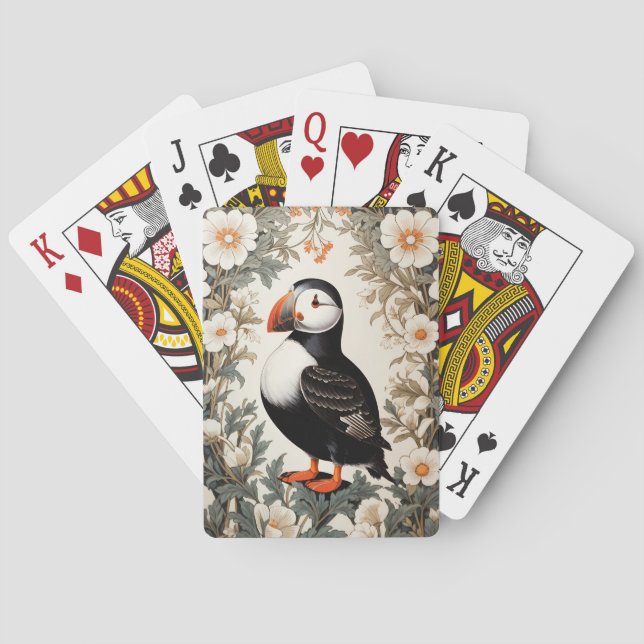 Beautiful Atlantic Puffin White Flowers Spielkarten (Rückseite)