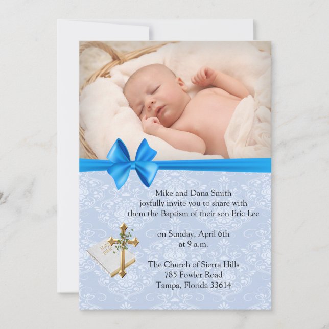 Beautiful Baby Blue Damask Boy Taufe  Einladung (Vorderseite)