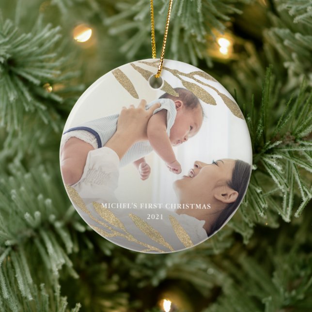 Beautiful Baby's First Christmas Botanical Foto Keramik Ornament (Baum)