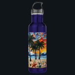 Beautiful Beach Scene with Palm Trees   Edelstahlflasche<br><div class="desc">Beach art water bottle. An impasto oil painting style ai illustration of a beach full of palm trees,  sea glass,  sea shells and ocean waves at sunset. A bright colorful mesh of colors make this coastal art vibrant and beautiful!</div>