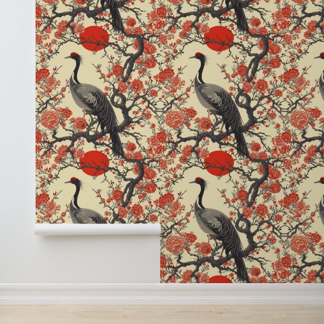 Beautiful Bird Pflanze Red Black Asian Tapete (Anwendung)