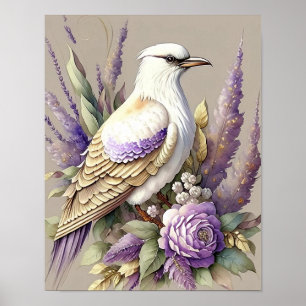 Beautiful Bird Print Feathers Lavender Ivory Gold Poster