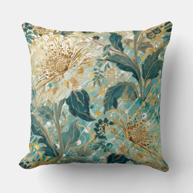 Beautiful Blooming Flowers with Green Gold Pattern Kissen (Vorderseite)