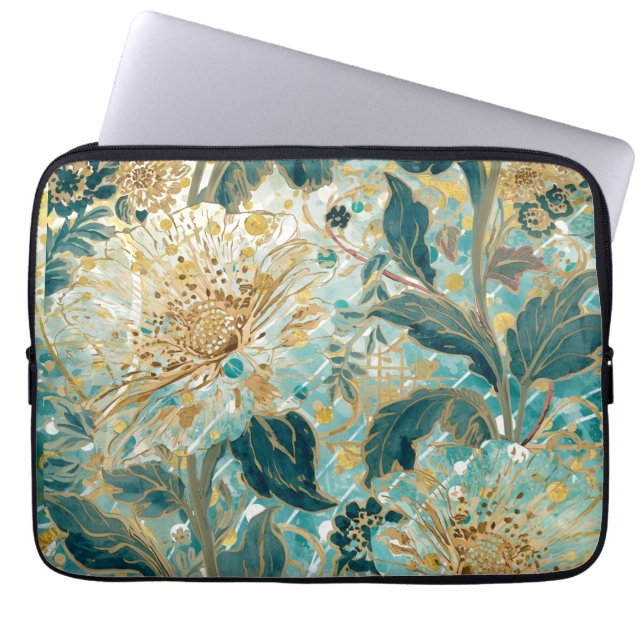 Beautiful Blooming Flowers with Green Gold Pattern Laptopschutzhülle (Vorderseite)