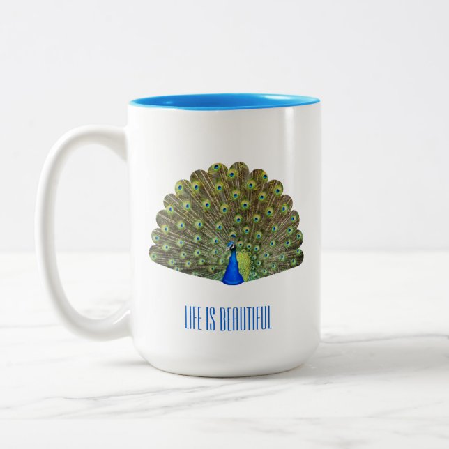 Beautiful Blue Bird Peacock Zweifarbige Tasse (Links)