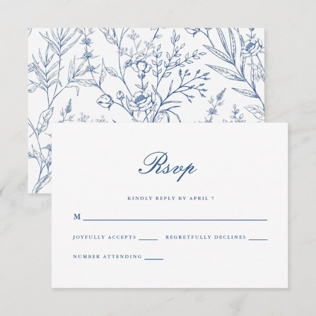 Beautiful Blue Floral Classic Wedding Rsvp Karte (Vorne/Hinten)