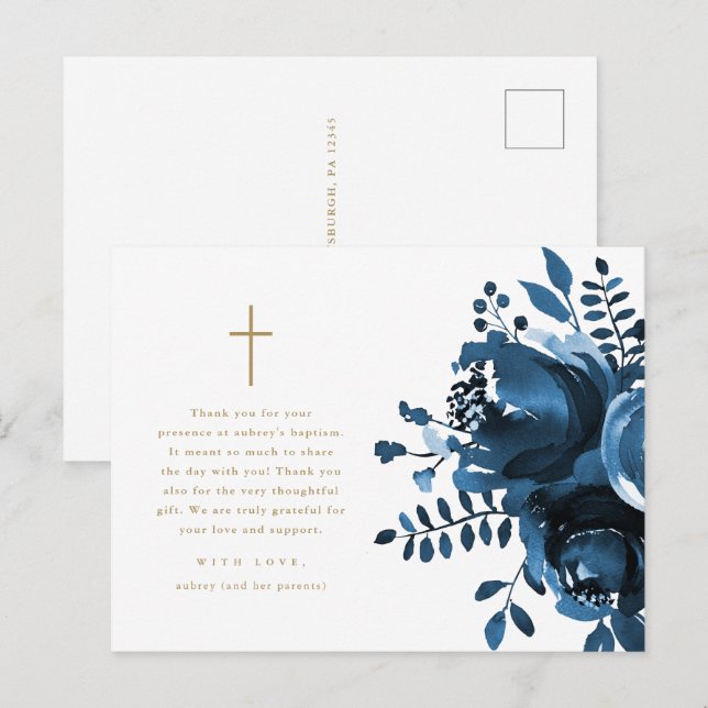 Beautiful Blue Floral Cross Taufe Vielen Dank Postkarte (Vorne/Hinten)