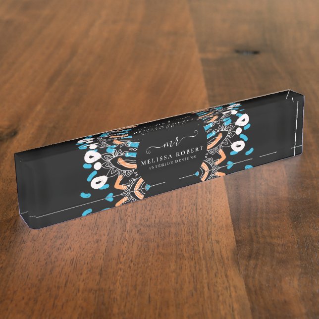 Beautiful Blue Floral Mandala Marble Mit Monogramm Namensplakette (Seite)