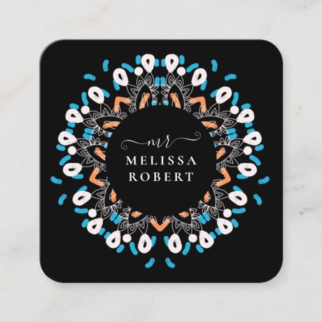 Beautiful Blue Floral Mandala Marble Mit Monogramm Quadratische Visitenkarte (Vorderseite)