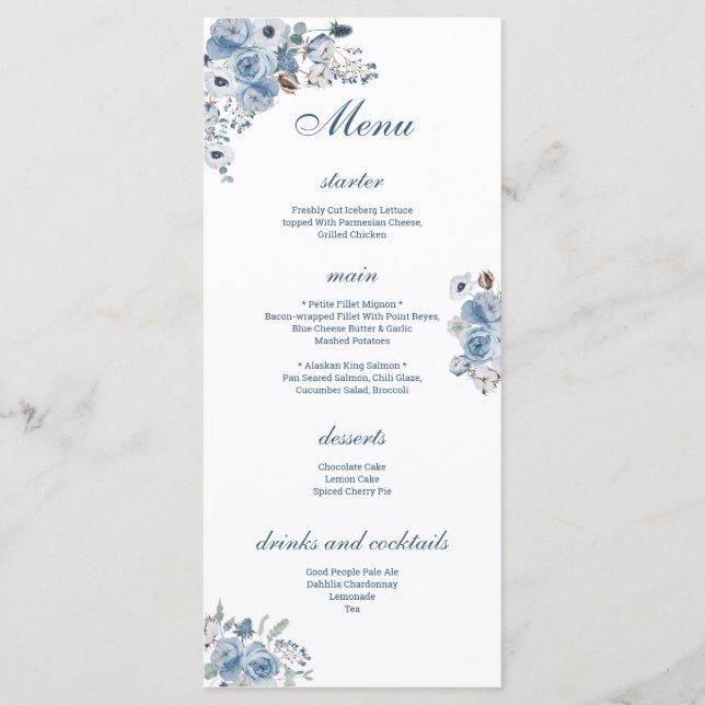 Beautiful Blue Floral Menükarte (Vorderseite)