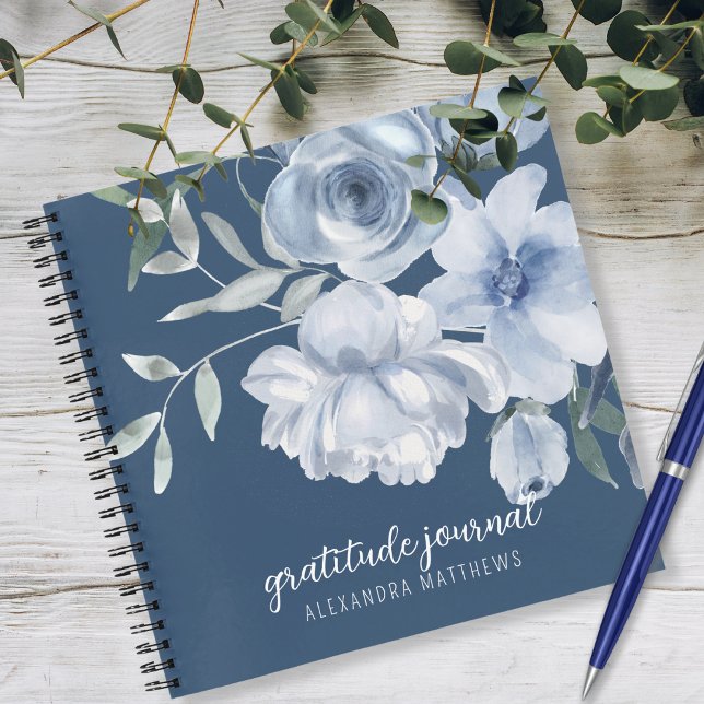 Beautiful Blue Floral Watercolor Dankbarkeit Journ Notizbuch (Click "Personalize this Template" to easily customize this pretty gratitude journal.)
