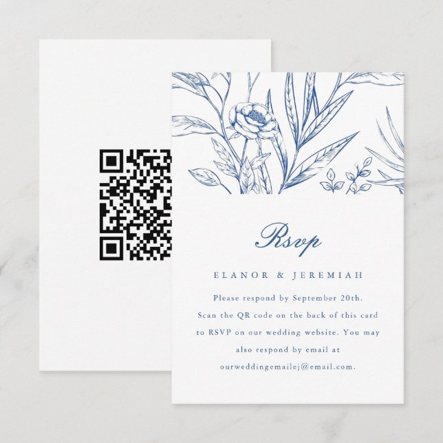 Beautiful Blue Floral Wedding RSVP mit QR Code Karte (Vorne/Hinten)