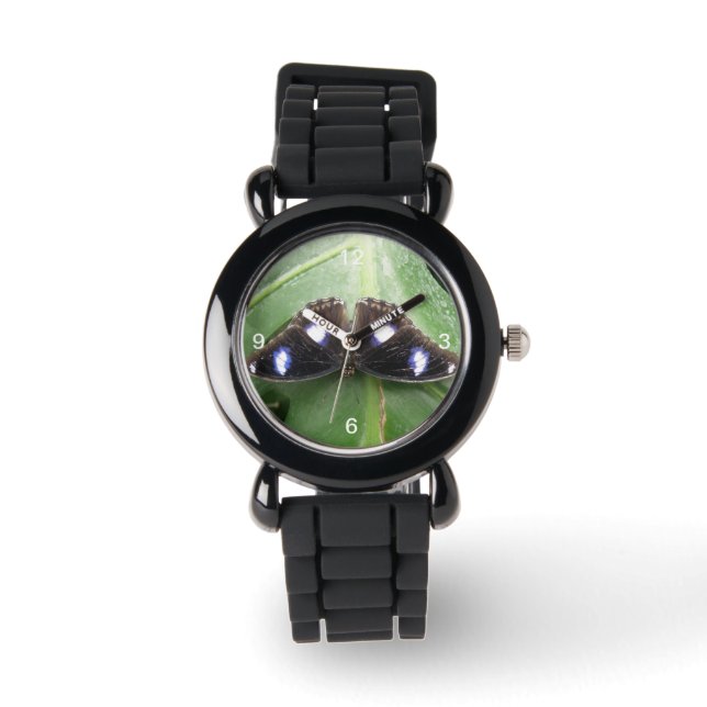 Beautiful Blue Gepunktet Butterfly Glitzern Watch Armbanduhr (Vorderseite)