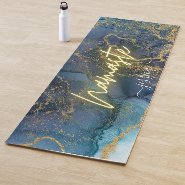 Beautiful Blue Gold Marmor Ink Individuelle Name Yogamatte (Beispiel)