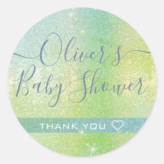Beautiful Blue Green Glitzer Baby Dusche Vielen Da Runder Aufkleber (Vorderseite)