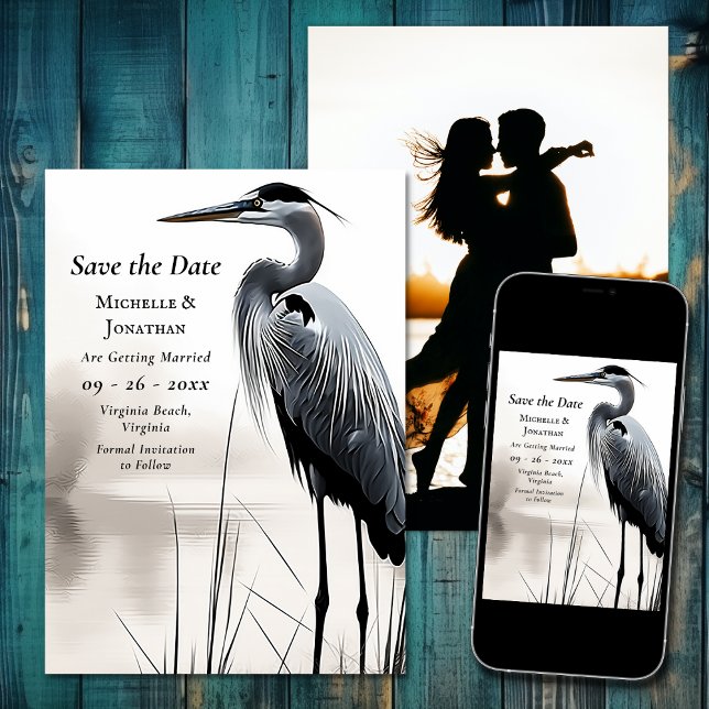 Beautiful Blue Heron Coastal Bird Foto Wedding Save The Date (Beautiful Blue Heron Coastal Bird Photo Wedding Save The Date)