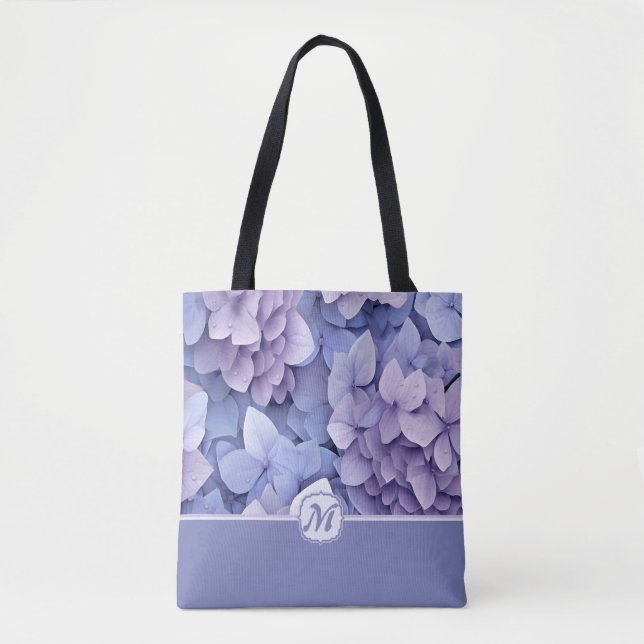 Beautiful Blue Lila Hydrangea Monogram Tasche (Vorderseite)
