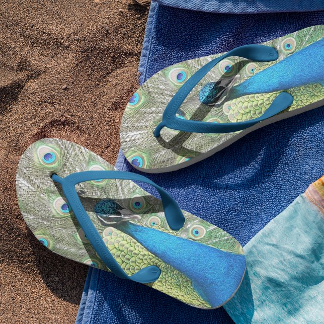 Beautiful Blue Peacock Feathers Flip Flops (In Situ)