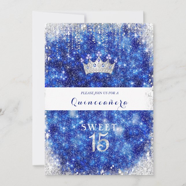 Beautiful Blue Sparkle Glitzer Quinceanera Crown Einladung (Vorderseite)