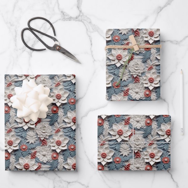 Beautiful Blue White and Red 3D Poinsettia Geschenkpapier Set (Vorderseite)