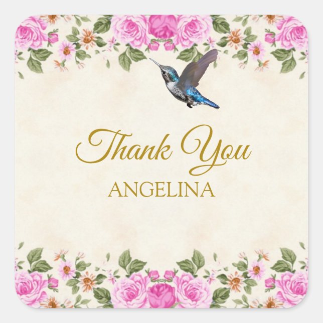 Beautiful Blume & Hummingbird Vielen Dank Quadratischer Aufkleber (Vorderseite)