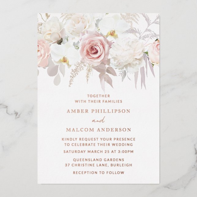 Beautiful Blush & White Wedding Rose Gold Folieneinladung (Vorderseite)