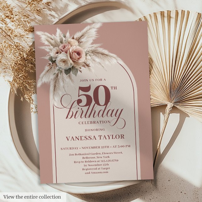 Beautiful Boho Arch Pastel Pink Pampas Floral 50th Einladung (Beautiful Arch Pastel Pink Pampas Floral 50th Birthday)