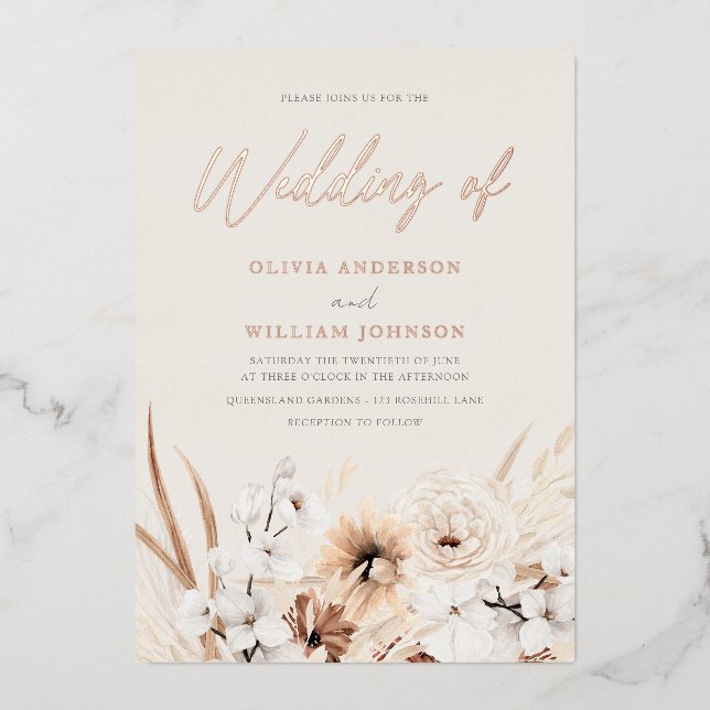 Beautiful Boho Beige Floral Wedding Rose Gold Folieneinladung (Vorderseite)