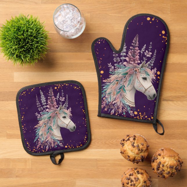 Beautiful Boho Horse Ofenhandschuh & Topflappen-Set (Oben Unten)
