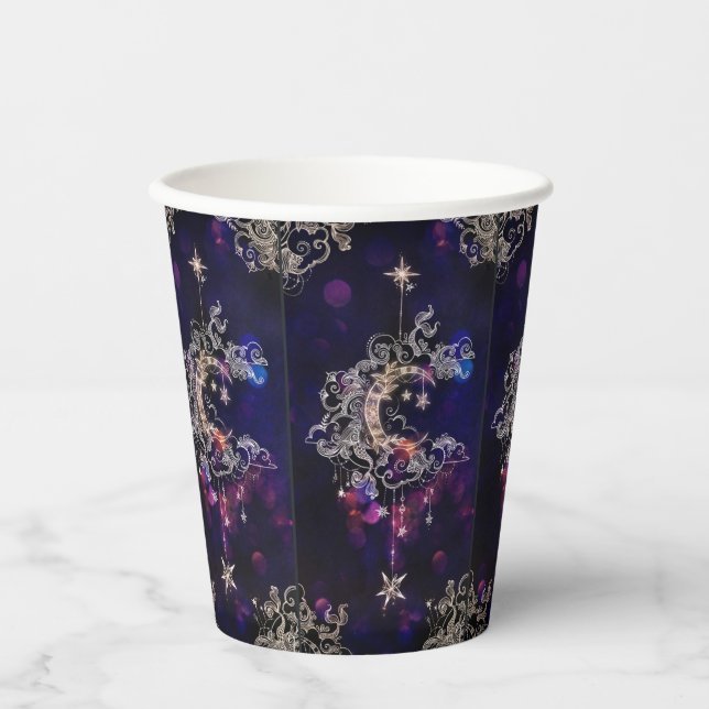 Beautiful Boho Moon Stars Blau Lila Pappbecher (Vorderseite)