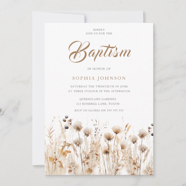 Beautiful Boho Watercolor Wildflower Baptism Einladung (Vorderseite)