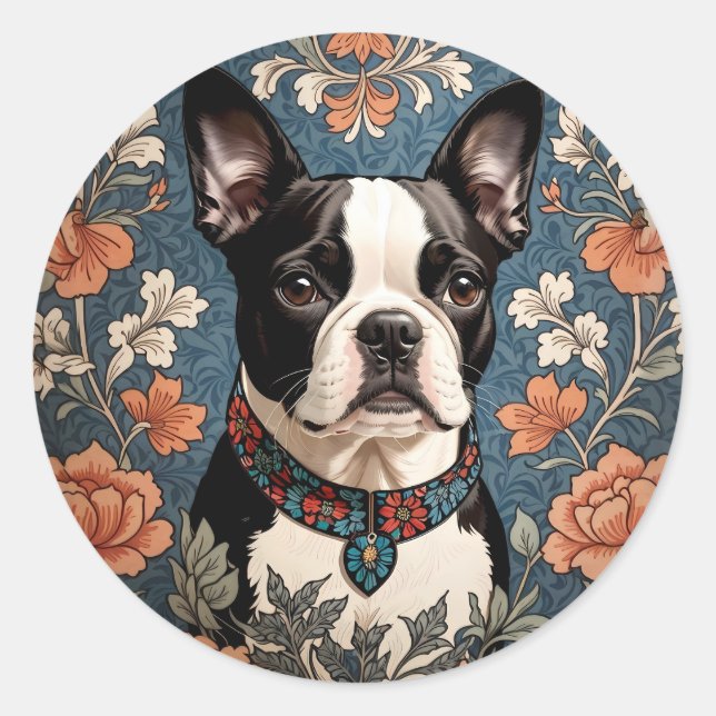 Beautiful Boston Terrier William Morris Inspiriert Runder Aufkleber (Vorderseite)