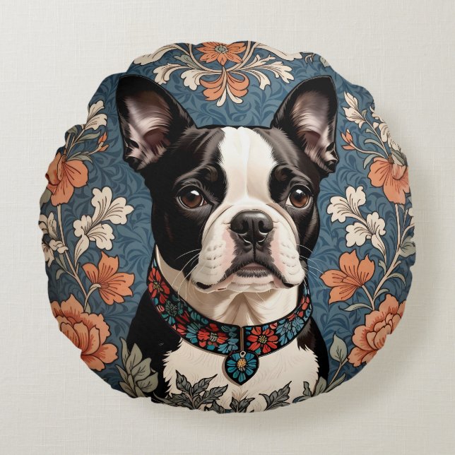 Beautiful Boston Terrier William Morris Inspiriert Rundes Kissen (Vorderseite)
