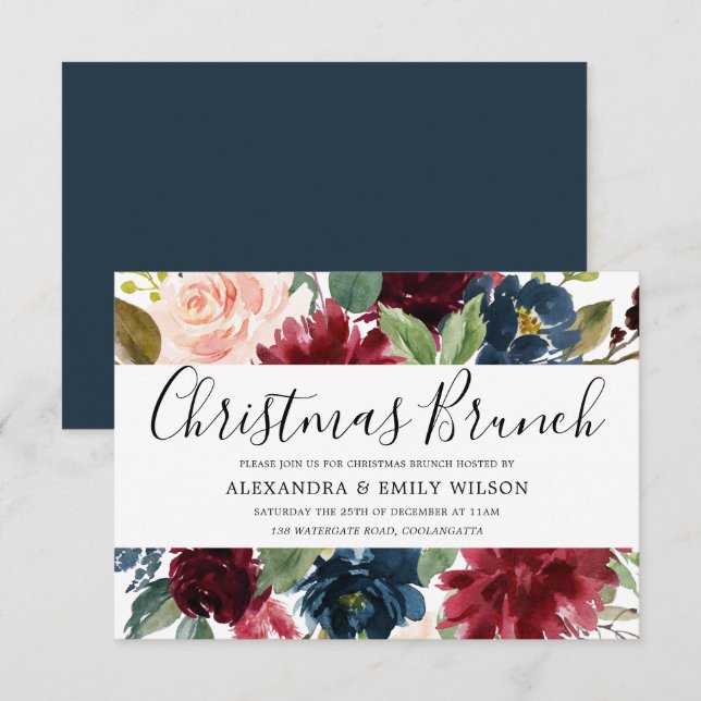 Beautiful Burgundy Red Floral Christmas Brunch Einladung (Vorne/Hinten)