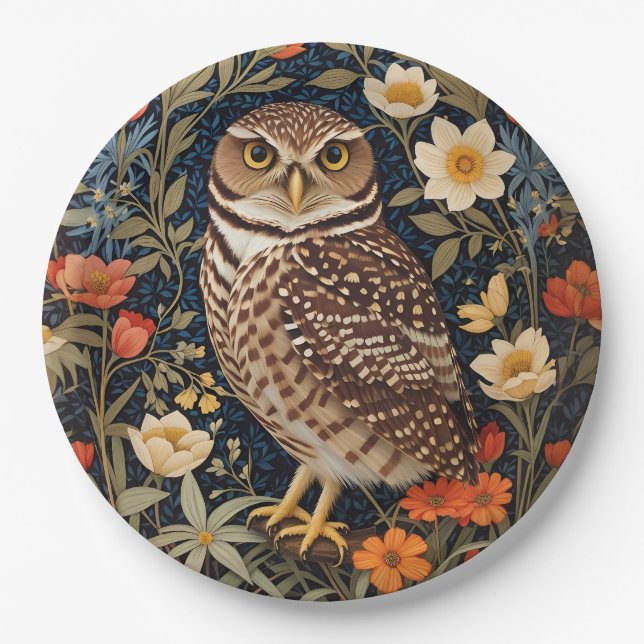 Beautiful Burrowing Owl William Morris Inspiriert Pappteller (Vorderseite)