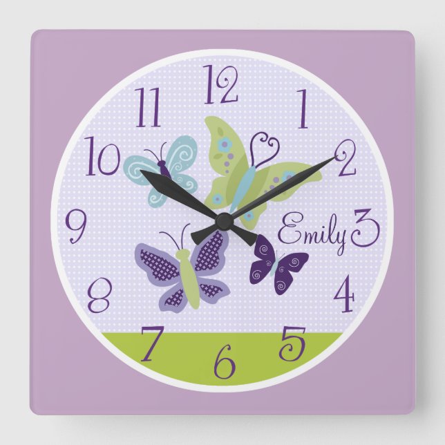 Beautiful Butterflies Kid's Baby Nursery Clock Quadratische Wanduhr (Vorderseite)