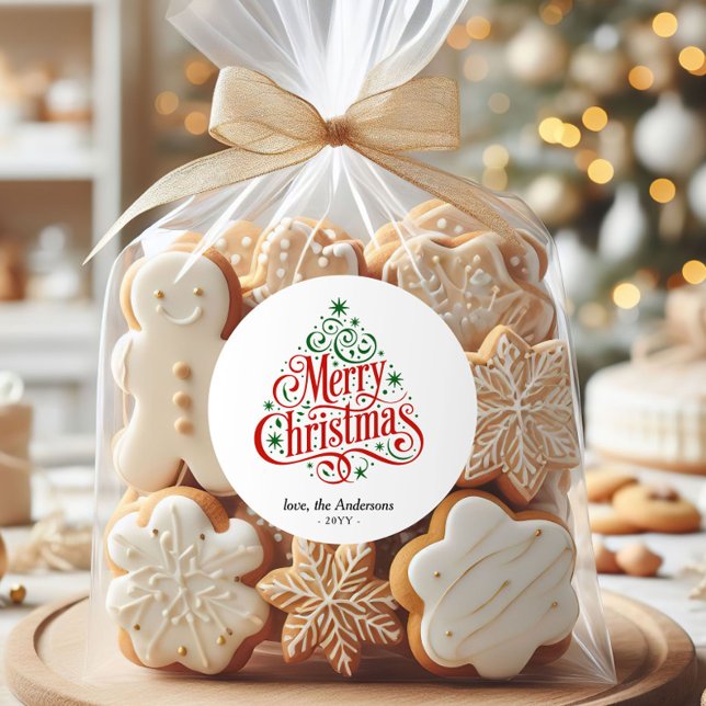 Beautiful Calligraphy Merry Christmas Tree Custom  Runder Aufkleber (Von Creator hochgeladen)