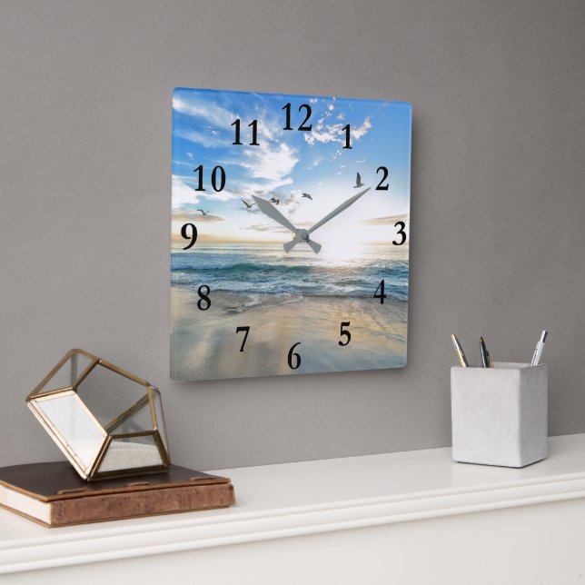 Beautiful Caribbean Tropical Beach & Birds Quadratische Wanduhr (Büro)