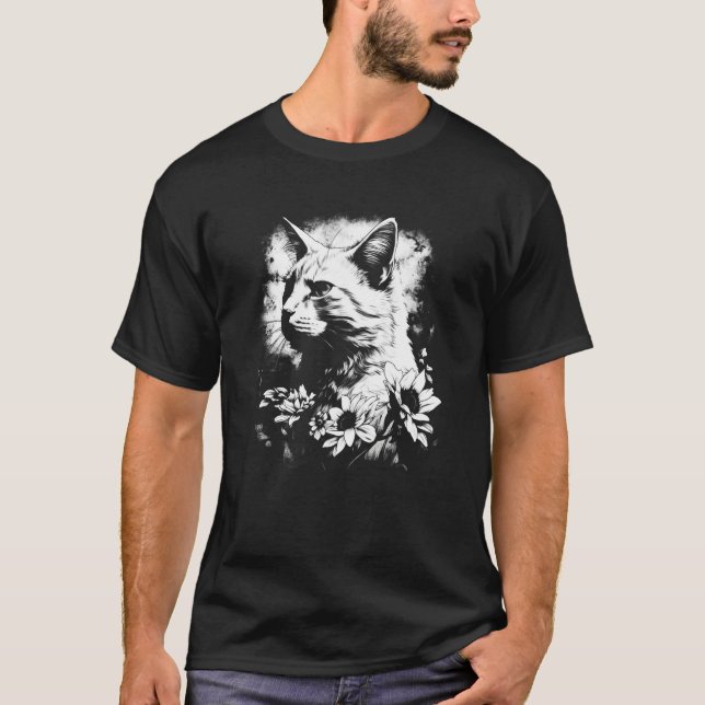 beautiful cat and sunflower silhouette portrait  w T-Shirt (Vorderseite)