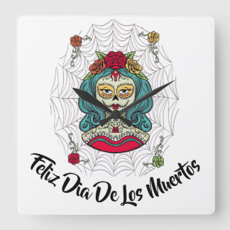 Beautiful Catrina Feliz Día de Muertos Quadratische Wanduhr