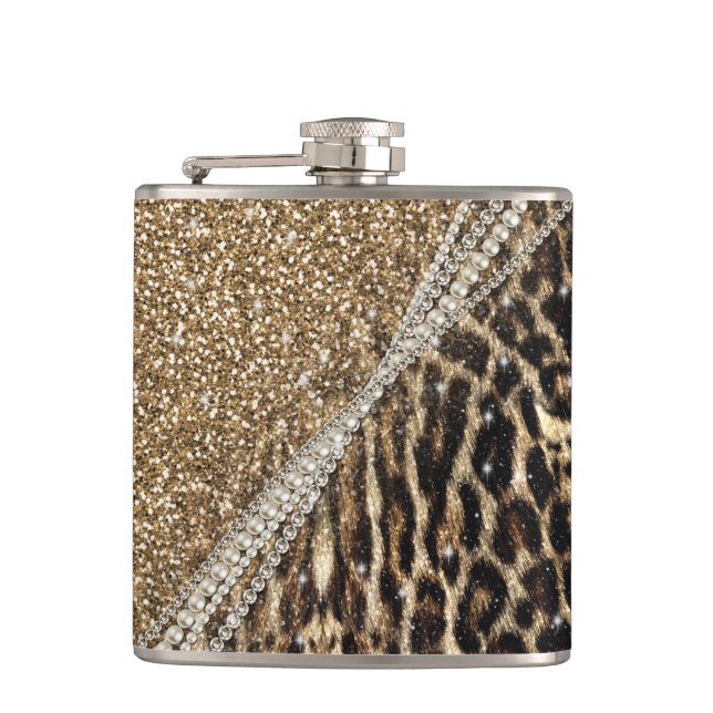 Beautiful Chic Girl Leopard Print Gold Glitzer Flachmann (Vorderseite)