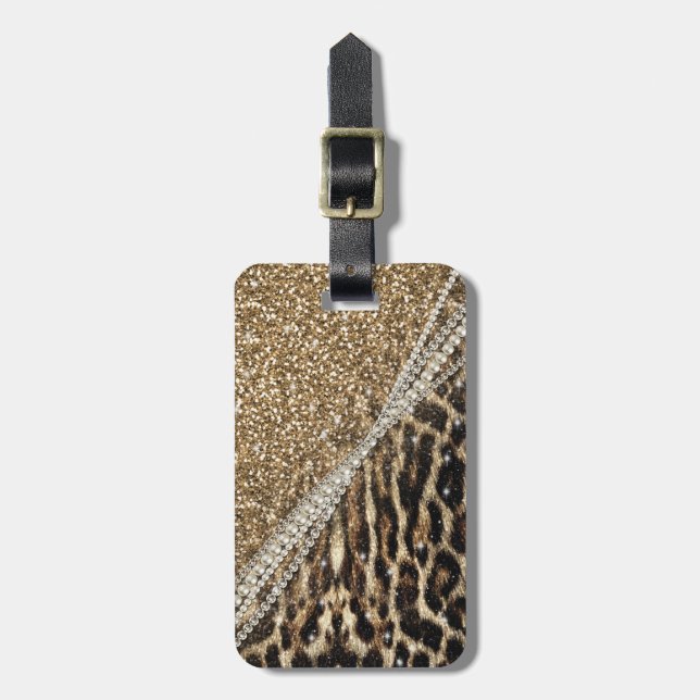 Beautiful Chic Girl Leopard Print Gold Glitzer Gepäckanhänger (Vorderseite vertikal)