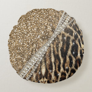 Beautiful Chic Girl Leopard Print Gold Glitzer Rundes Kissen