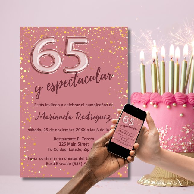 Beautiful Chic Rose Gold 65. Geburtstag Spanisch Einladung (Von Creator hochgeladen)
