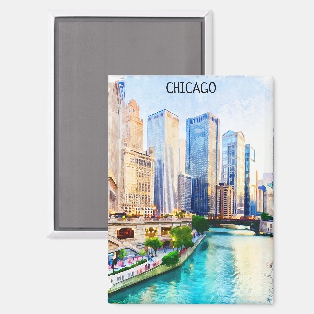 Beautiful Chicago Illinois Watercolor City View Magnet (Vorderseite/Rückseite)