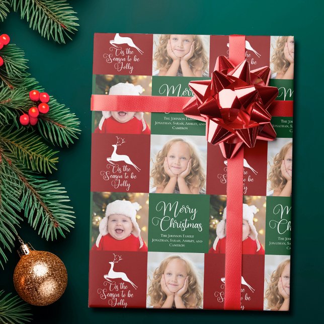 Beautiful Custom Christmas Foto Family Green Geschenkpapier (Von Creator hochgeladen)