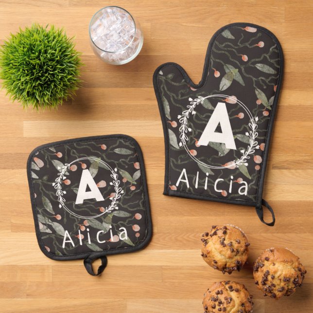 Beautiful Custom Initial Name Floral Muster Ofenhandschuh & Topflappen-Set (Oben Unten)